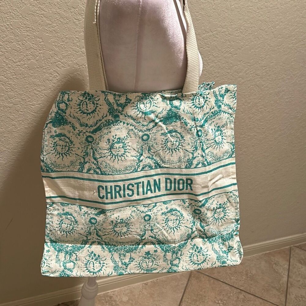 Christian Dior Canvas Tote Green White Celestial Sun Print Dioriviera Beach Bag - Picture 4 of 8